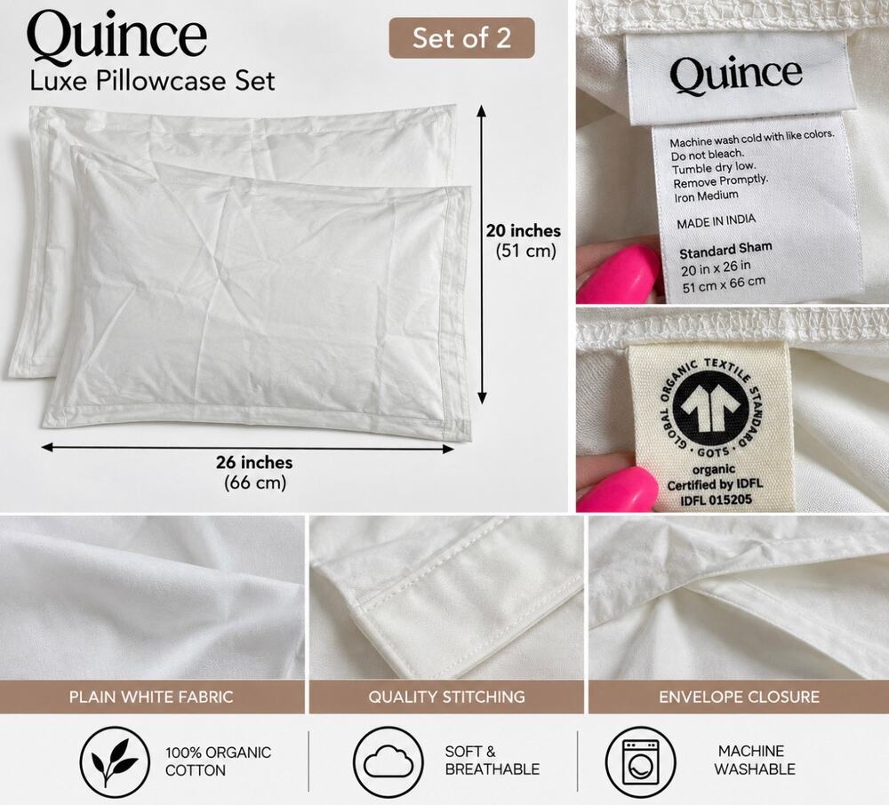 Quince Organic Cotton Standard Pillow Shams Set of 2 White 20x26 GOTS